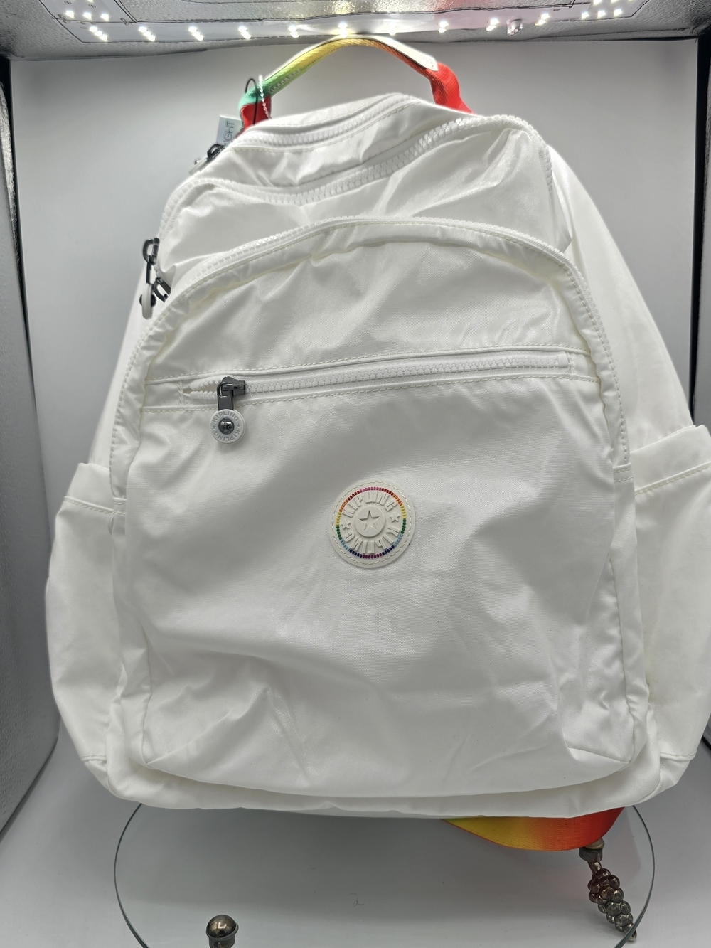 NWT Kipling White Backpack  Rainbow Handle and Logo Trim School Hiking Laptop